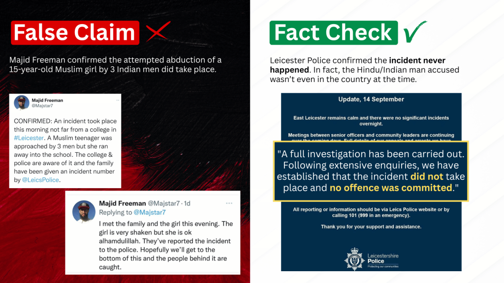 False Claim 5: Majid Freeman confirmed the attempted abduction of a 15-year-old Muslim girl by 3 Indian men did take place